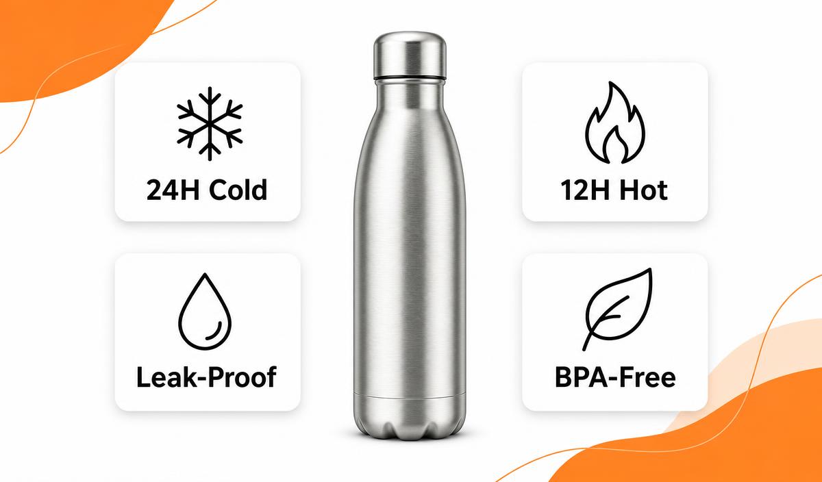 Amazon A+ content feature-card module example: a steel water bottle surrounded by four feature cards for cold retention, heat retention, leak-proof cap, and BPA-free material