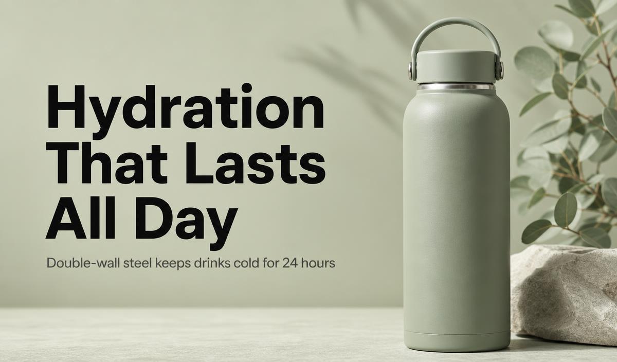 Amazon A+ content hero module example: an insulated water bottle on a sage background with the headline 'Hydration That Lasts All Day'